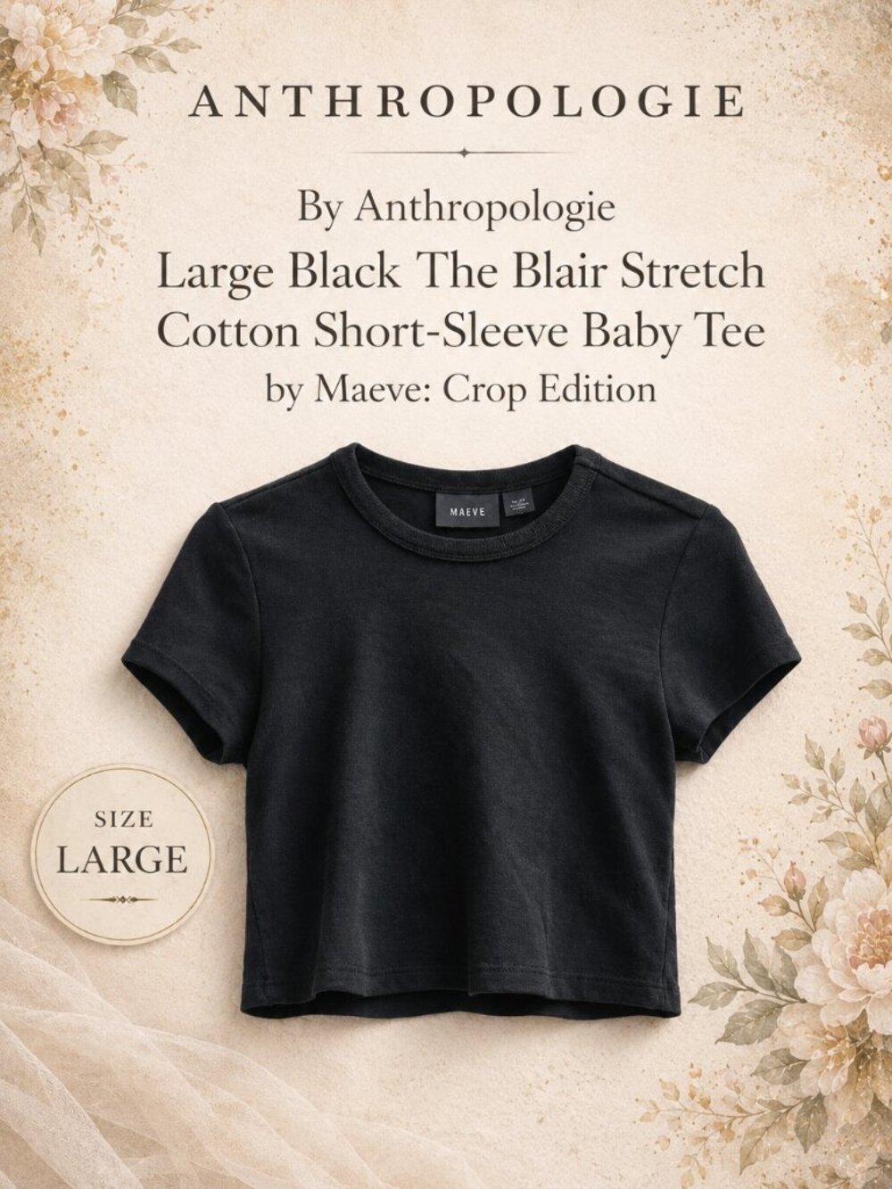 Anthropologie Maeve Blair Crop Tee Black Large Stretch Cotton Baby T-Shirt